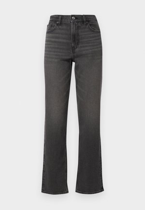 High-waisted, straight-leg jeans in dark gray denim with slight fading, front pockets, and a single button closure. Clean, minimalist design.