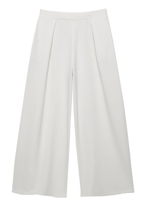 Fehér, széles szárú nadrág magas derékkal és elöl pliszírozott, laza, légies fazonban.