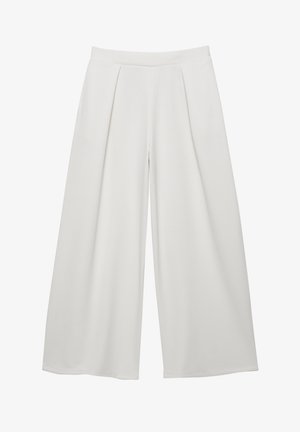 Fehér, széles szárú nadrág magas derékkal és elöl pliszírozott, laza, légies fazonban.