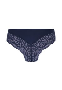 Navyblauwe dameskantondergoed met bloemmotieven en gegolfde randen, ontworpen in een bikini-snits.