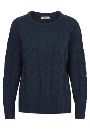 Námořnický modrý pletený svetr s kulatým výstřihem, který má texturovaný kabelkový pletený vzor a žebrované manžety a lem. Pohodlný a teplý design.