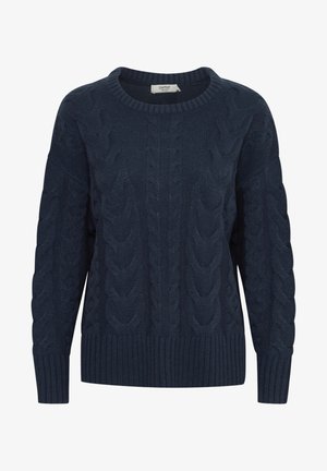 Mornarsko modra pletena jopica s okroglim ovratnikom, ki ima teksturiran kabelski vzorec in rebraste manšete ter rob. Udobna in topla zasnova.