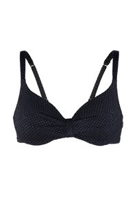 Top bikini blu navy in tessuto testurizzato, con dettaglio a fiocco al centro, spalline regolabili e accenti dorati su tutto il materiale.