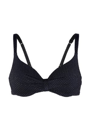 Top bikini blu navy in tessuto testurizzato, con dettaglio a fiocco al centro, spalline regolabili e accenti dorati su tutto il materiale.