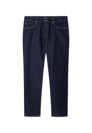 Dunkelblaue Jeans aus Denim mit geradem Schnitt, standardmäßigem Fünf-Taschen-Design, kontrastierenden Nähten und Knopfverschluss.