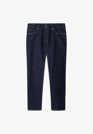 Mörkblå denimjeans med rak passform, standard femficksdesign, kontrasterande sömmar och knappgylf.