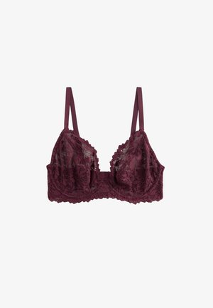 Nėriniuotas bralette tamsiai bordo spalvos su banguotomis kraštinėmis, reguliuojamomis petnešėlėmis ir minkštais kaušeliais, turinčiais gėlių raštus bei dekoratyvinę juostelę.