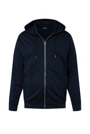 Granatowy hoodie zapinany na zamek, wykonany z miękkiego materiału; posiada regulowany kaptur, przednie kieszenie oraz ściągacze na mankietach i w dolnej części. Dyskretny logotyp na klatce piersiowej.