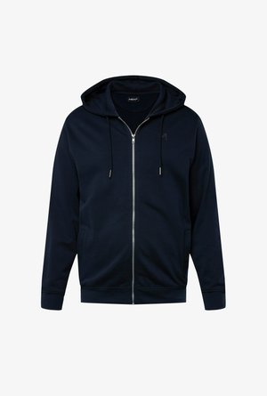 Granatowy hoodie zapinany na zamek, wykonany z miękkiego materiału; posiada regulowany kaptur, przednie kieszenie oraz ściągacze na mankietach i w dolnej części. Dyskretny logotyp na klatce piersiowej.