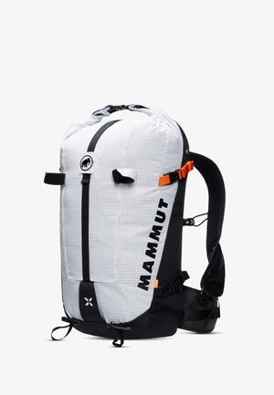 White and black backpack with a grid pattern, compression top, adjustable straps, and orange accents. Features a black logo and durable material.