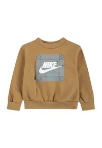 Felpa Nike marrone a maniche lunghe con colletto e polsini a coste. Presenta un logo grafico in bianco e blu sulla parte anteriore su uno sfondo grigio.