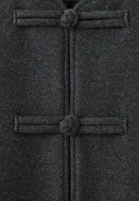 Dark gray wool fabric with two horizontal fabric loops and round fabric-covered buttons in a vertical line.