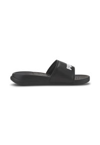 Black slide sandal made of synthetic material. Featuring a wide strap with white logo, textured footbed, and curved sole for comfort.