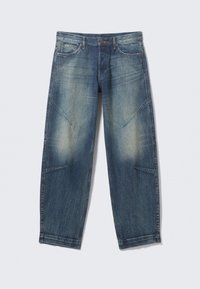 Blue faded denim jeans with front pockets, a button and zipper closure, and angled stitch detailing on the legs.