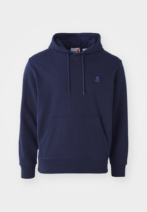 Navy blauwe hoodie gemaakt van zachte katoen. Heeft een voorzak, een verstelbare capuchon met trekkoord en een klein logo op de borst. Lange mouwen.