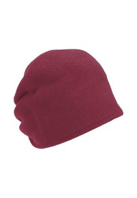 Mjuk fleece-beanie i djup mörkröd färg, enkel design, något skrynkligt tyg, utan synliga logotyper eller mönster.