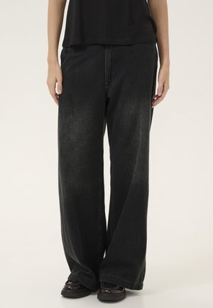 Black denim wide-leg jeans with a light fade, featuring a high waist and a relaxed fit. Smooth texture and minimal detailing.