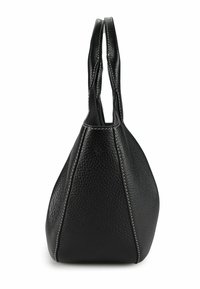 Borsa nera in pelle con forma triangolare, superficie strutturata e cuciture bianche a contrasto lungo le cuciture. Due manici corti nella parte superiore.