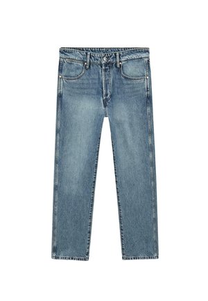Hellblaue Jeans aus Denim mit geradem Bein, fünf Taschen, sichtbaren Nähten und einem Reißverschluss mit Knopfverschluss.