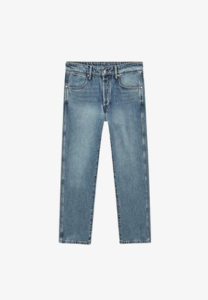 Hellblaue Jeans aus Denim mit geradem Bein, fünf Taschen, sichtbaren Nähten und einem Reißverschluss mit Knopfverschluss.