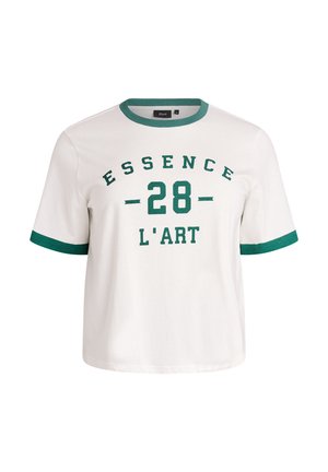 Weißes kurzärmeliges T-Shirt mit grünem Kragen und Ärmelbündchen, vorne mit grünem Schriftzug "ESSENCE 28 L'ART".