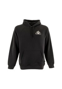 Sudadera negra con bolsillo tipo canguro, puños acanalados y capucha ajustable con cordón. Presenta un logo de montaña blanca y el nombre de la marca.