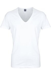 Witte t-shirt met korte mouwen en een V-halsontwerp, gemaakt van zachte katoen, met een gladde textuur en zonder zichtbare patronen of versieringen.