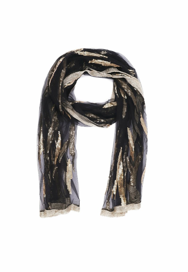 Scialle nero trasparente con paillettes dorate e argento che scintillano disposte in un motivo lineare, rifinito con un accento metallico lungo i bordi.