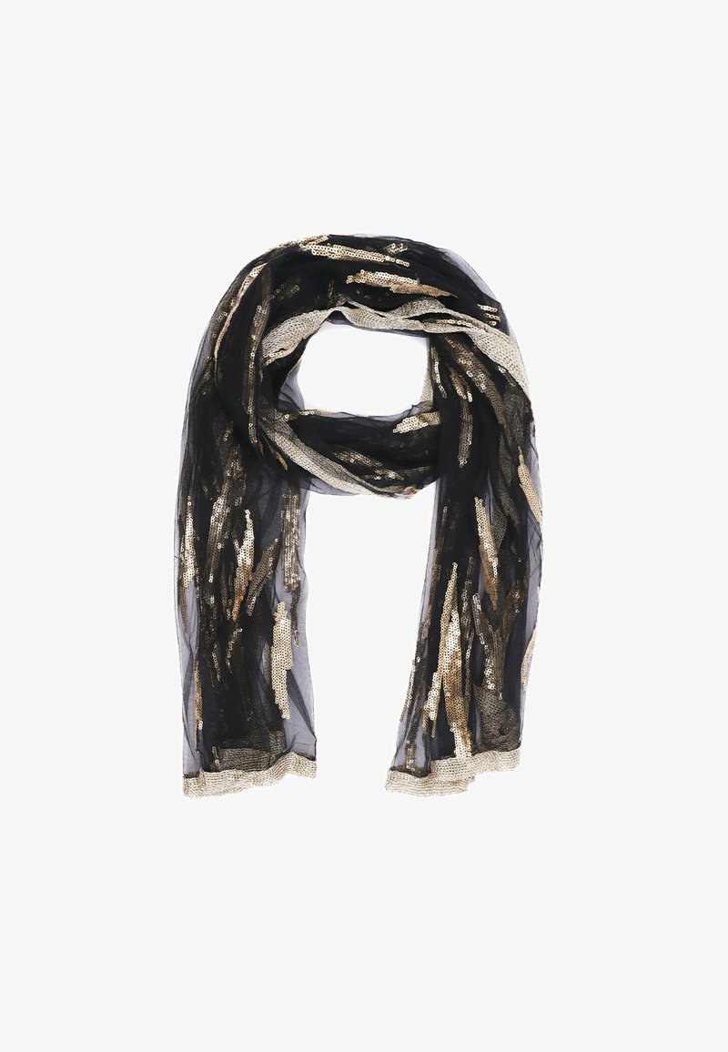 Scialle nero trasparente con paillettes dorate e argento che scintillano disposte in un motivo lineare, rifinito con un accento metallico lungo i bordi.