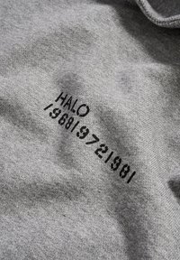 Szary dzianinowy materiał z czarnym napisem "HALO 196819721981" nadrukowanym ukośnie.