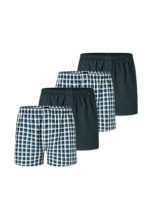 Four pairs of men's elastic waistband boxer shorts, two solid navy and two blue and white checkered patterns arranged in alternating order.