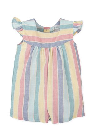 Mono corto a rayas en colores pastel: azul, rosa, amarillo y lavanda. Presenta mangas con volantes, escote cuadrado y cintura fruncida.