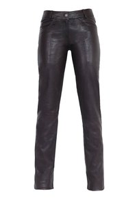Zwarte leren broek met een soepele textuur, slim fit en voorzakken. Voorzien van een knoopsluiting en riemlussen in de taille.