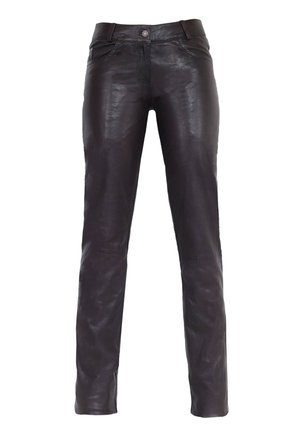 Black leather pants with a smooth texture, slim fit, and front pockets. Features a button closure and belt loops at the waist.