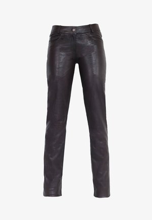 Zwarte leren broek met een soepele textuur, slim fit en voorzakken. Voorzien van een knoopsluiting en riemlussen in de taille.