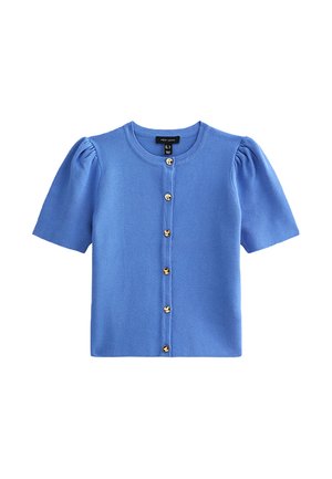 Blauwe gebreide cardigan met korte mouwen, met pofschouders en zes goudkleurige knopen aan de voorkant.