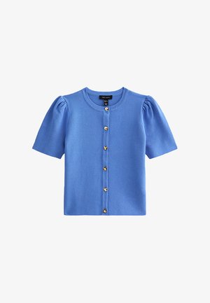 Blauwe gebreide cardigan met korte mouwen, met pofschouders en zes goudkleurige knopen aan de voorkant.