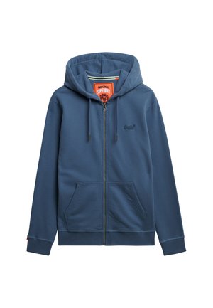 Blå zip-up hoodie med snoretræk i hætten, frontlommer og diskrete logo-detaljer. Fremstillet af blødt og behageligt stof med ribbede manchetter.