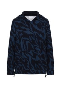 Sweat à capuche bleu marine avec un motif tigre texturé, doté d'une poche avant, d'un ourlet avec cordon de serrage et d'une coupe décontractée.