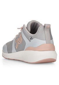 Gray mesh athletic shoe with light pink accents, smooth synthetic overlays, padded collar, and white textured sole.