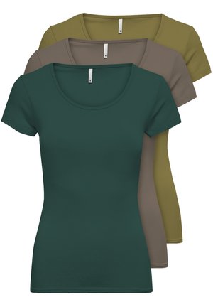 Three short-sleeved t-shirts stacked, featuring colors: dark green, beige, and olive. Made of smooth, stretchy fabric with a round neckline.