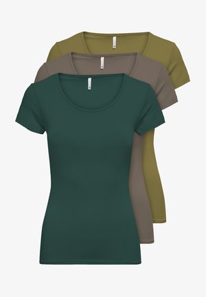 Three short-sleeved t-shirts stacked, featuring colors: dark green, beige, and olive. Made of smooth, stretchy fabric with a round neckline.