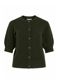 Cardigan vert foncé en tricot doux, avec un col rond, des manches courtes bouffantes et de grands boutons sur le devant. Bords côtelés.