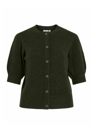 Cardigan vert foncé en tricot doux, avec un col rond, des manches courtes bouffantes et de grands boutons sur le devant. Bords côtelés.