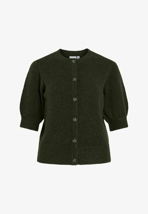 Cárdigan verde oscuro hecho de un suave tejido de punto, con un cuello redondo, mangas cortas abullonadas y grandes botones en la parte delantera. Acabados con dobladillo acanalado.