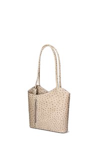 Borsa a spalla in finta pelle beige con superficie testurizzata che presenta dei punti in rilievo. Ha due manici e una tasca con zip sul lato.