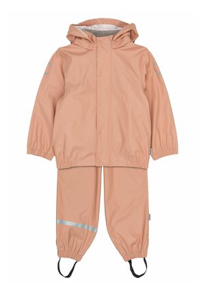 Nepremokavá ružová bunda a nohavice proti dažďu so sťahovacími manžetami, reflexnými pásikmi a kapucňou. Hladký, ľahký materiál.