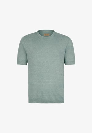 Blød lysegrøn kortærmet rundhalset strikket sweater med ribkant på ærmer og bund, vist på en ensfarvet hvid baggrund.