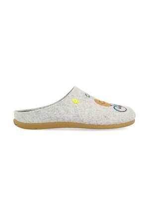 Zapatilla gris de tela con suela de goma marrón, que presenta coloridos bordados de un pez, una cara sonriente y una bicicleta.