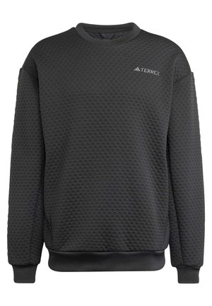 Schwarzes Sweatshirt mit einem strukturierten Wabenmuster, rundem Ausschnitt und gerippten Bündchen. Verfügt über ein kleines, weißes Logo auf der Brust.